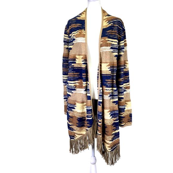 Lucky Brand Southwest Aztec Fringe Cardigan Sweater Sz L Brown Blue Open Front - Picture 4 of 9